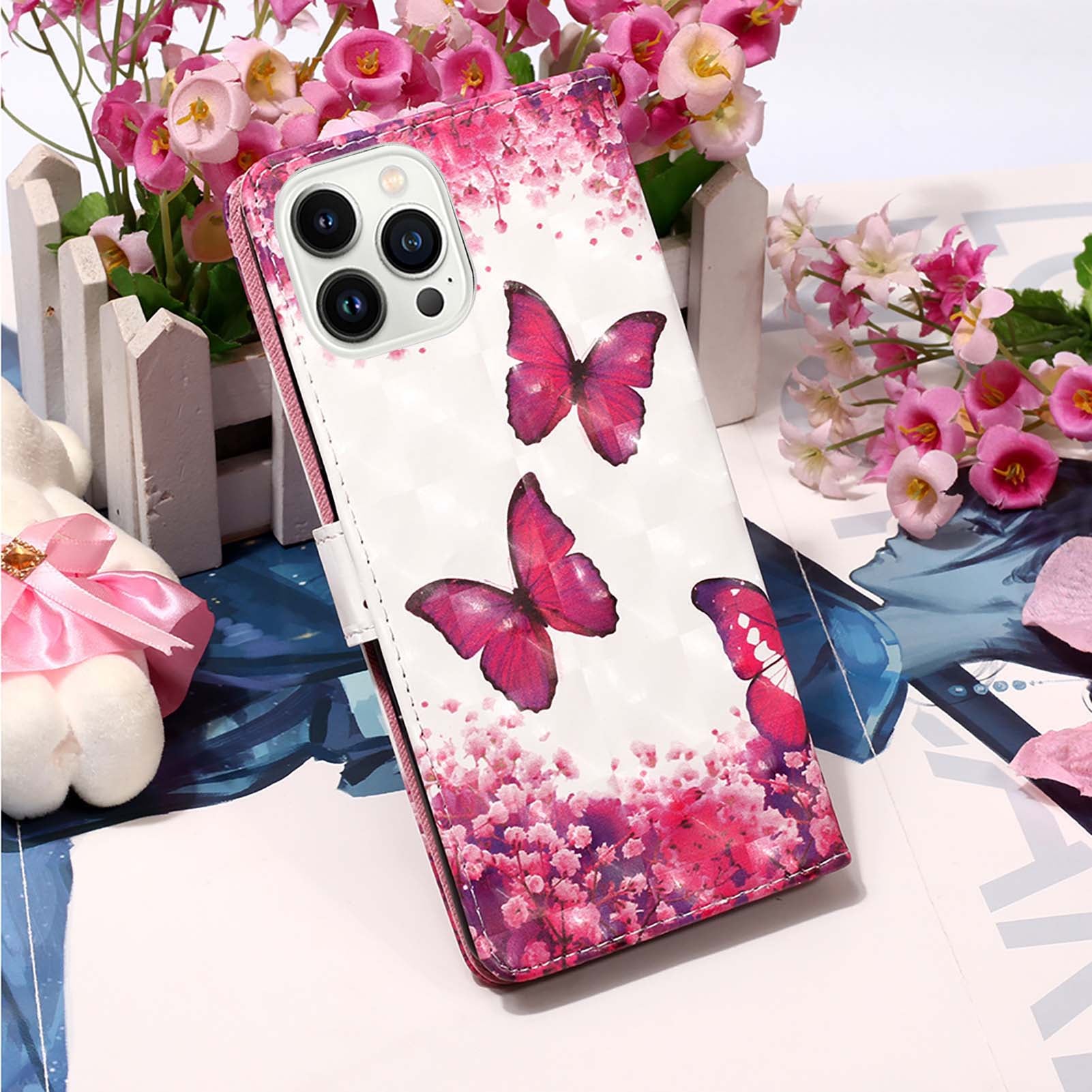YB Pattern Printing Leather Series-2 for iPhone 15 Pro Max Wallet Phone Case 3D Pattern Printed Stand Cover - Rose Butterflies YB Pattern Printing Leather Series-2 for iPhone 15 Pro Max Wallet Phone Case 3D Pattern Printed Stand Cover - Rose Butterflies